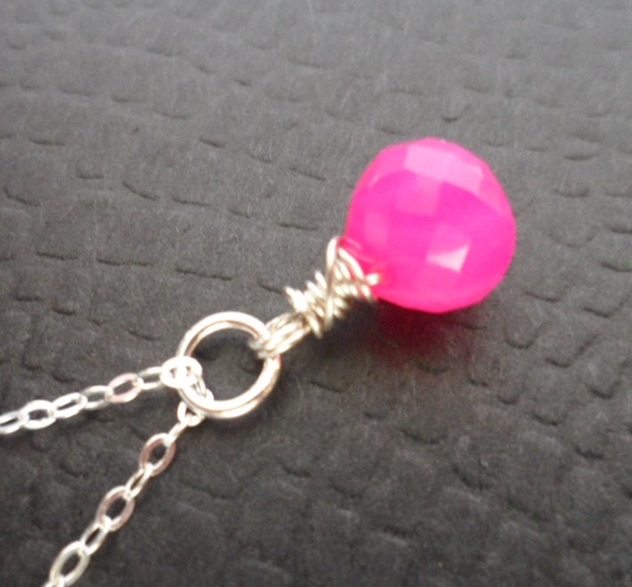 Hot Pink Chalcedony and Sterling Silver Necklace - Onion Kiss Briolette, Solitaire, Wire Wrapped, Below 20 Dollars Gift
