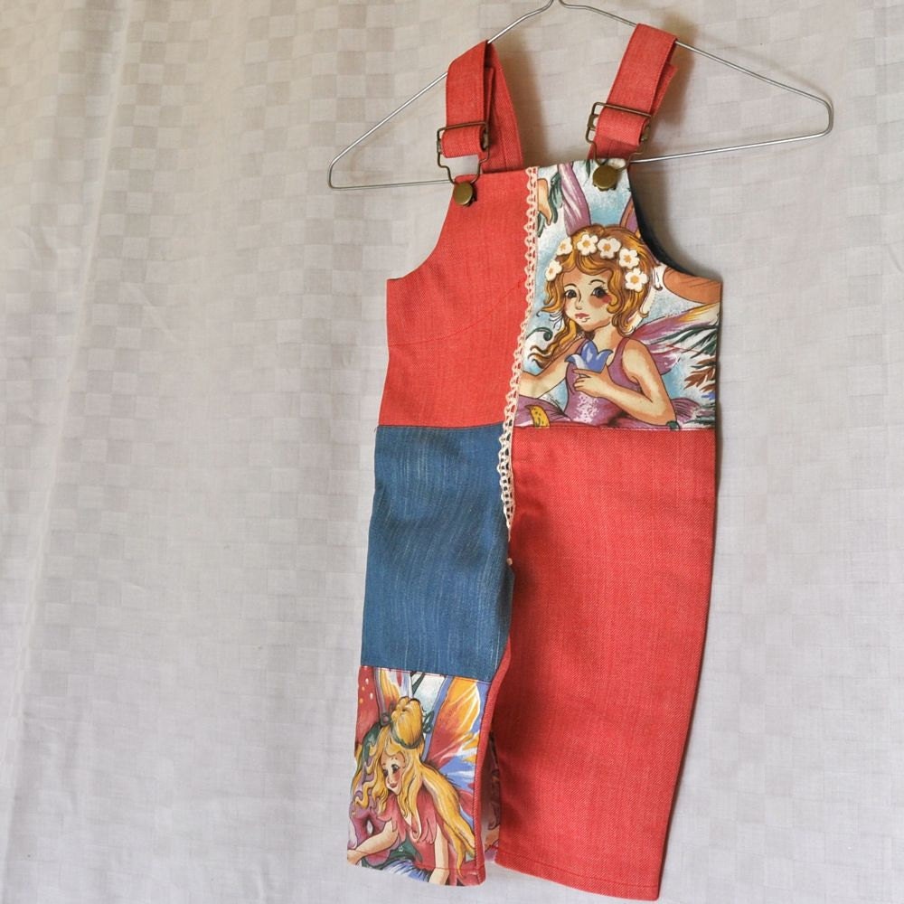 Overalls for Baby Girl with Fairies - OOAK - size 0 to 1 - toddler - red pink blue lace handmade