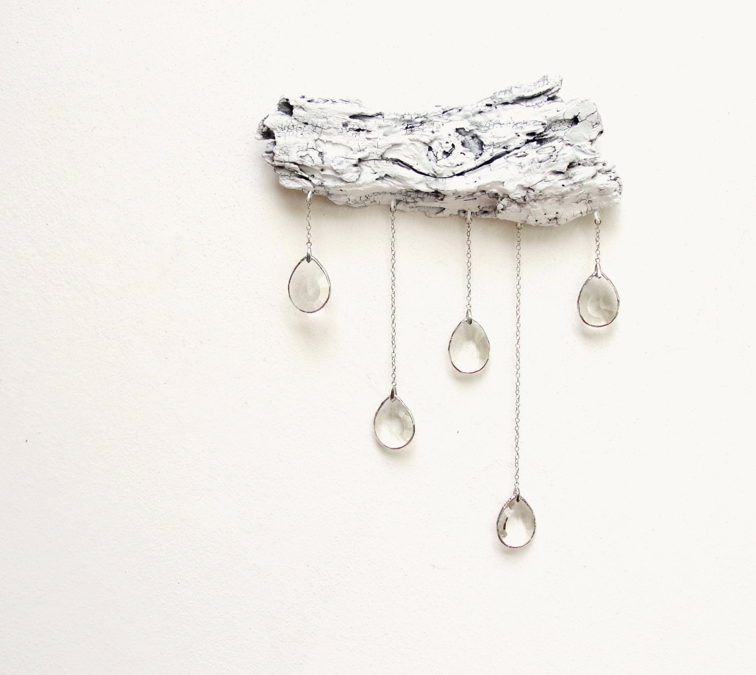 Driftwood Cloud with Vintage Crystal Raindrops - Wall Hanging