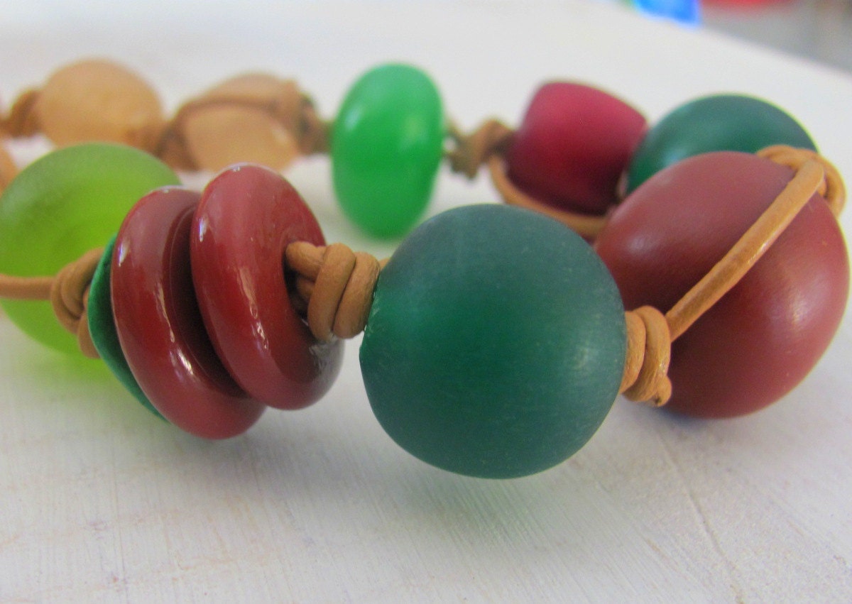 Green Vineyard Necklace - Green and Brown Resin, Recycled Glass and Bone
