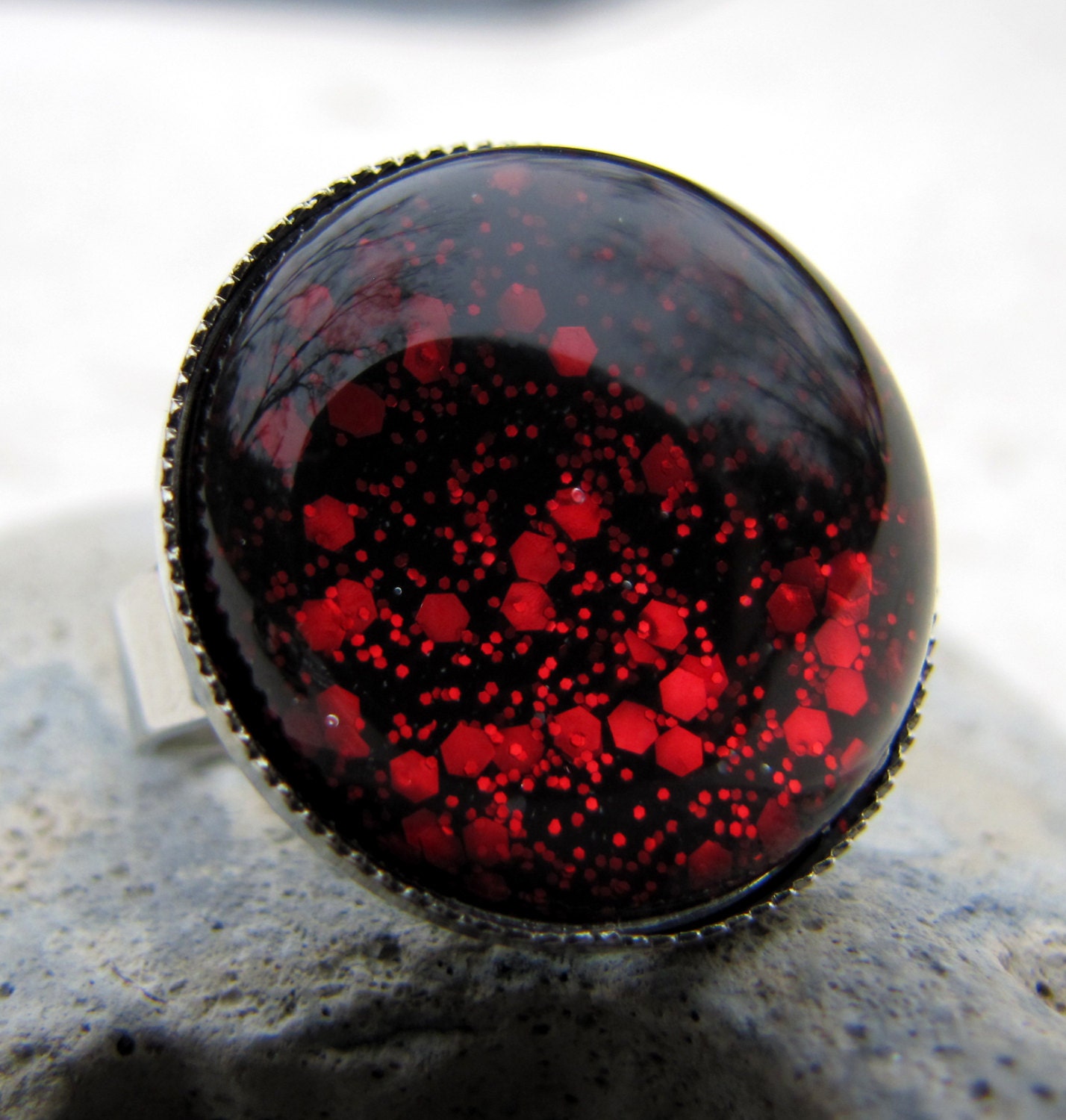 Red Glitter Ring - Large Dome Cocktail Ring - Magic Bubbles