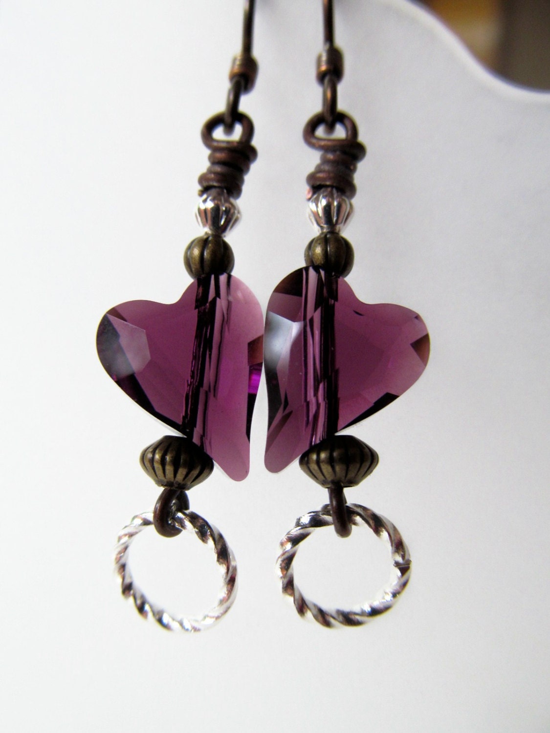 Purple Hearts - Amethyst Swarovski Crystal Two Tone Niobium Earrings