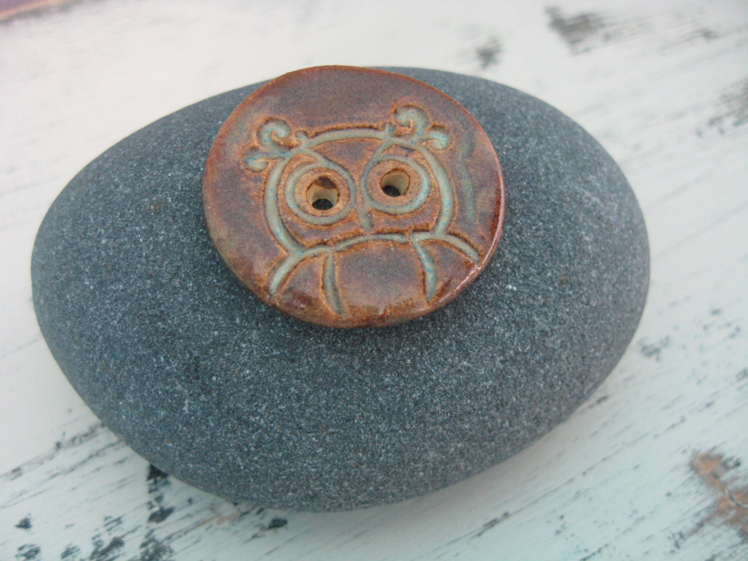 Owl Buttons, Two Ceramic Brown Buttons