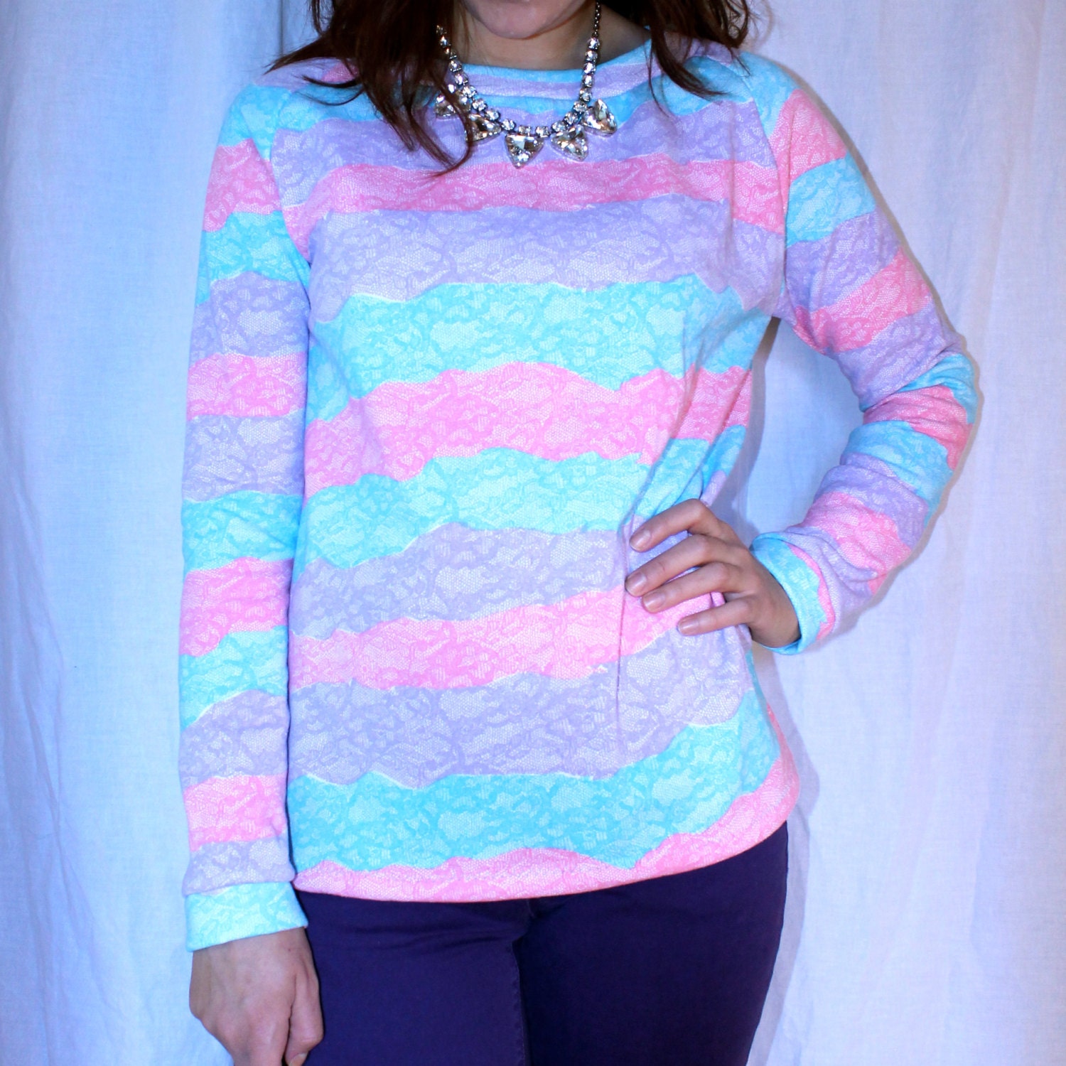 pastel lace print sweater