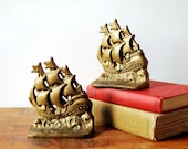 Cast Iron Bookends Galleon Sailing Ship Vintage Gold Tall Ships Book Ends