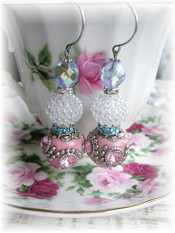 Dangle Earrings Pink Rhinestone Bubble Bump Beads Vintage Czech Glass Shabby Chic Colorful OOAK