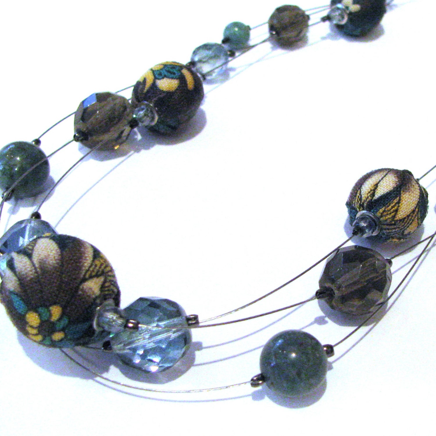 Fabric and Jade Necklace Beaded Jewelry "FORGET ME NOT" blues and greens