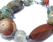 Handmade fabric beads ,Labradorite,Wood,Sponge Coral and Swarovski Pearls FLOWER GARDEN