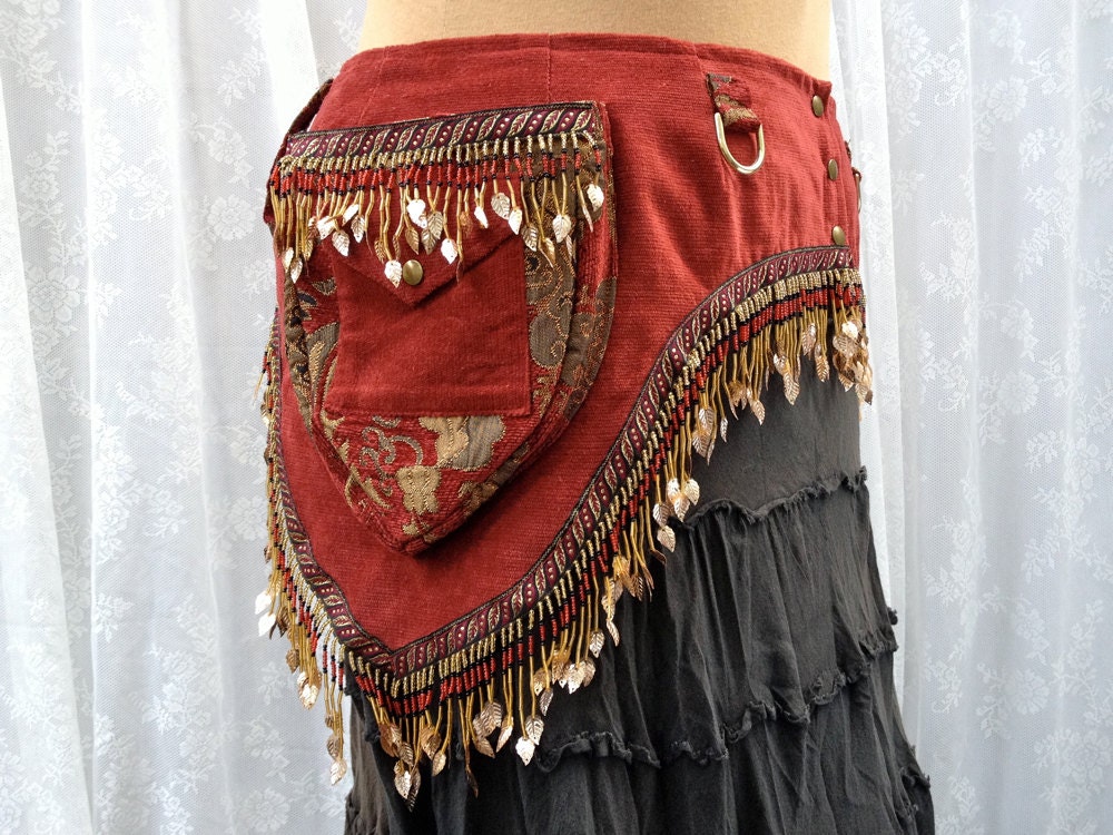 Plus size bellydance belt - tribal fusion utility belt - red and gold tool belt - steampunk pocket belt - festival belt - Large