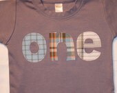 Boys ONE Shirt for First Birthday - 18 month SHORT sleeved gray tshirt with plaid lettering - READY to Ship