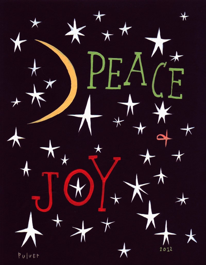 Peace and Joy Holiday Art Card or Small Print - Moon and Stars, Green and Red Celetial Christmas