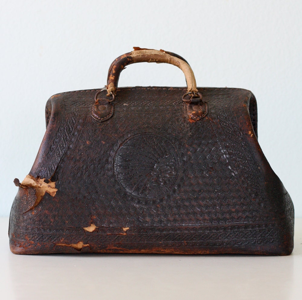 Vintage Doctor's Bag with Native American Indian, made of leather