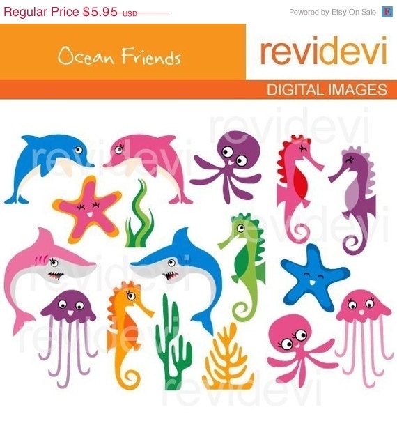 HALF PRICE SALE Ocean Friends Clipart 07163 - Digital Images - Kawaii cute clip art for commercial use