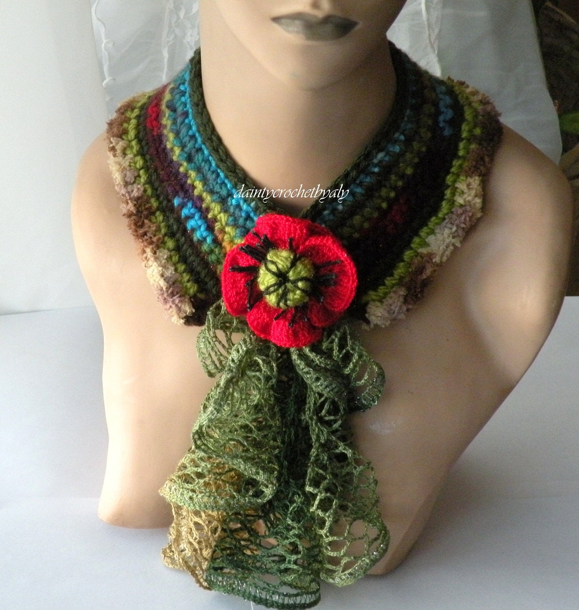 Crochet poppy flower scarflette , peter pan collar