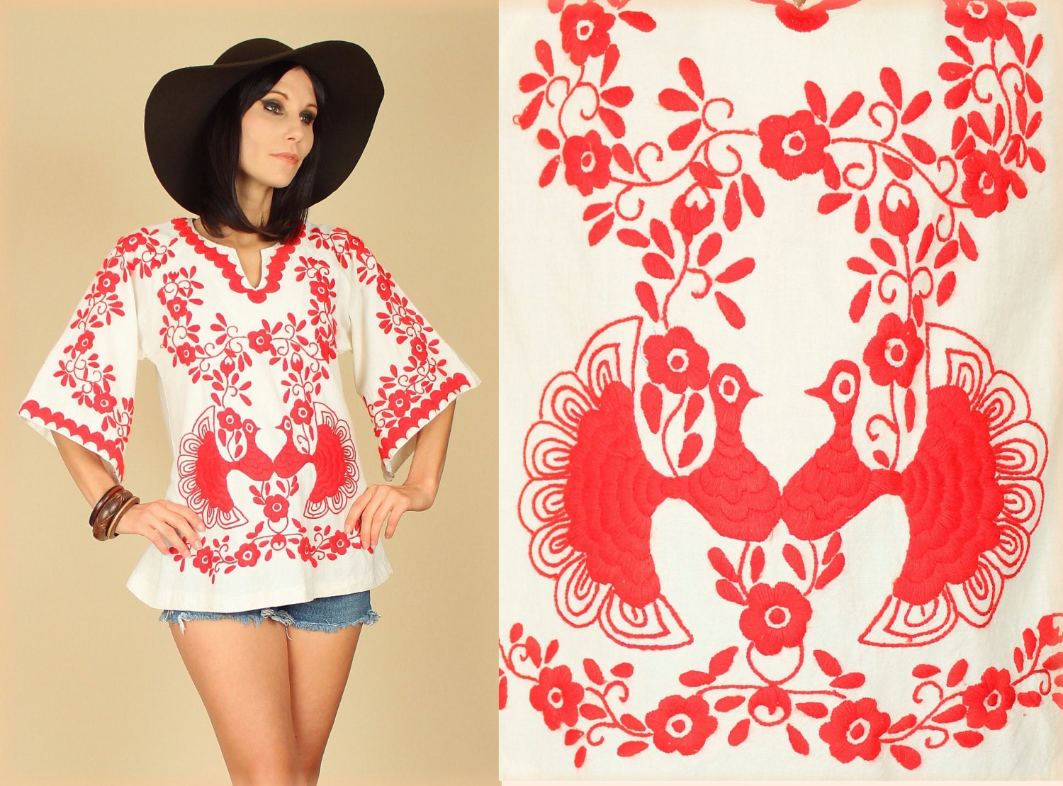 ViNtAgE 70's Embroidered PEACOCK Floral Angelwing HiPPiE Tunic top s/m