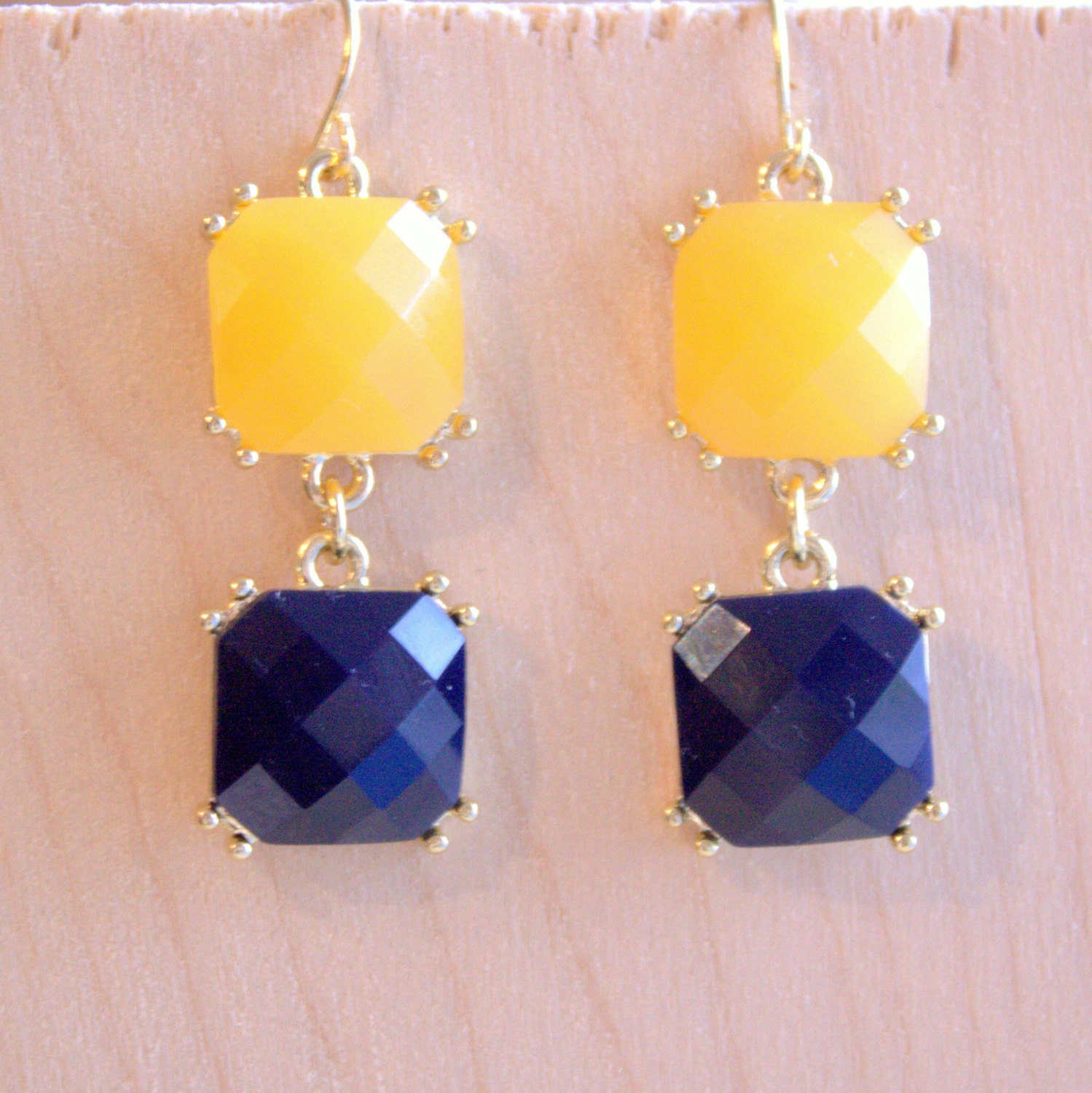 Earrings - Yellow and Navy Drop Earrings -Square Acrylic Gems - Gold Plated Earrings