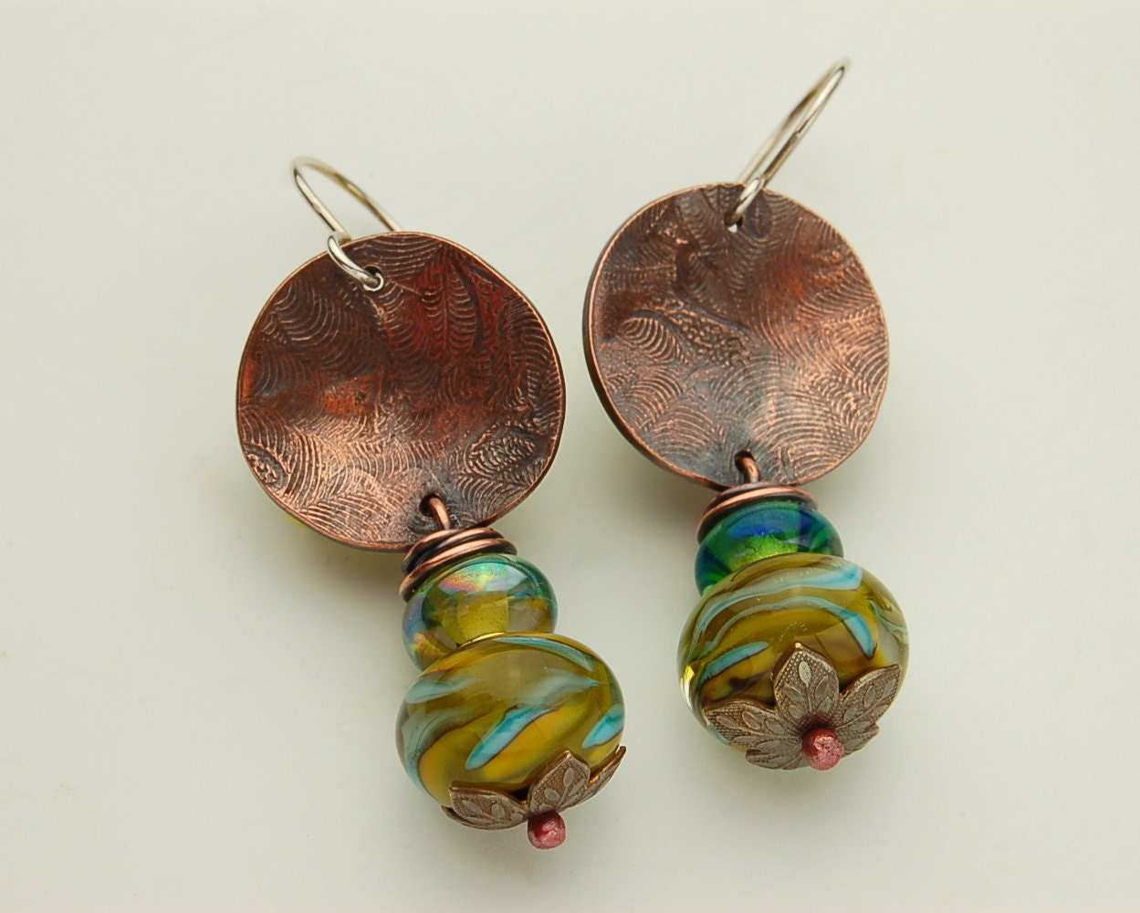 SOLD  Turquoise and Mustard Lampwork Bead Earrings with Copper