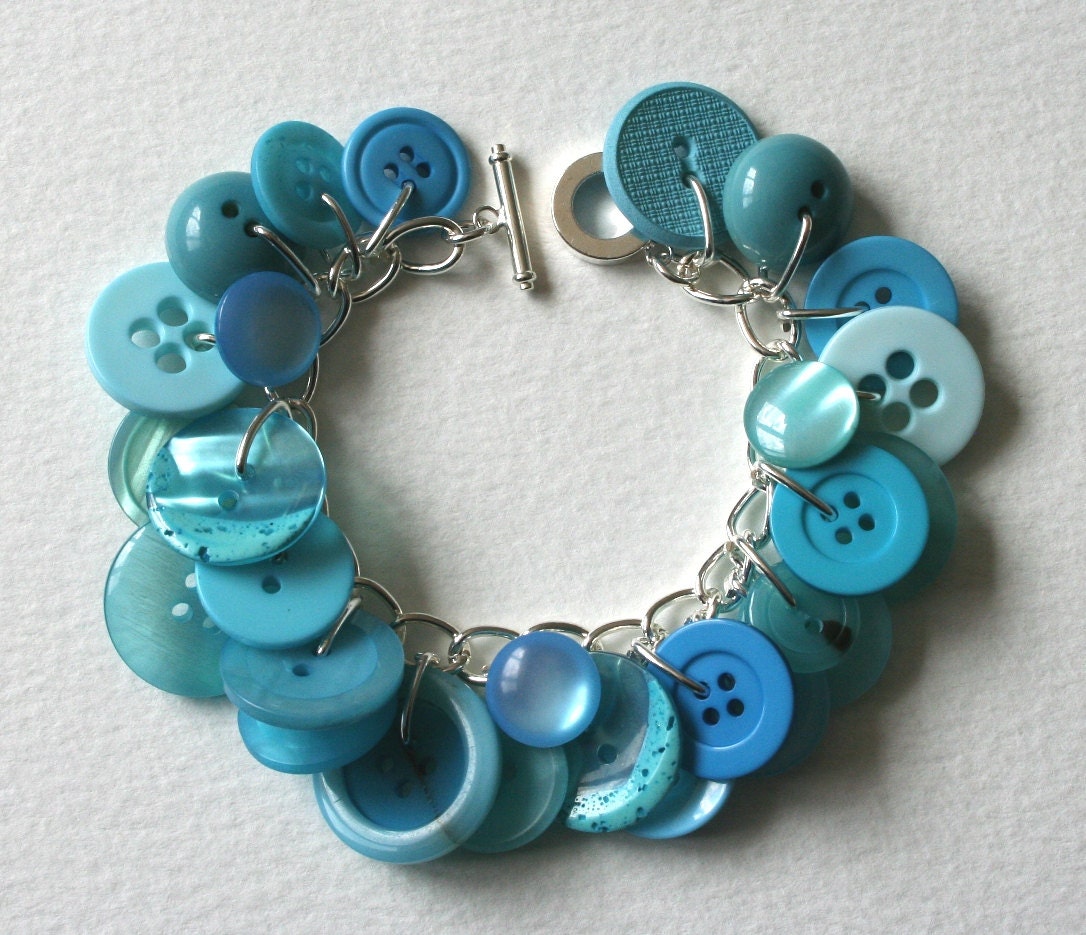 Button Charm Bracelet Clear Aqua Sea
