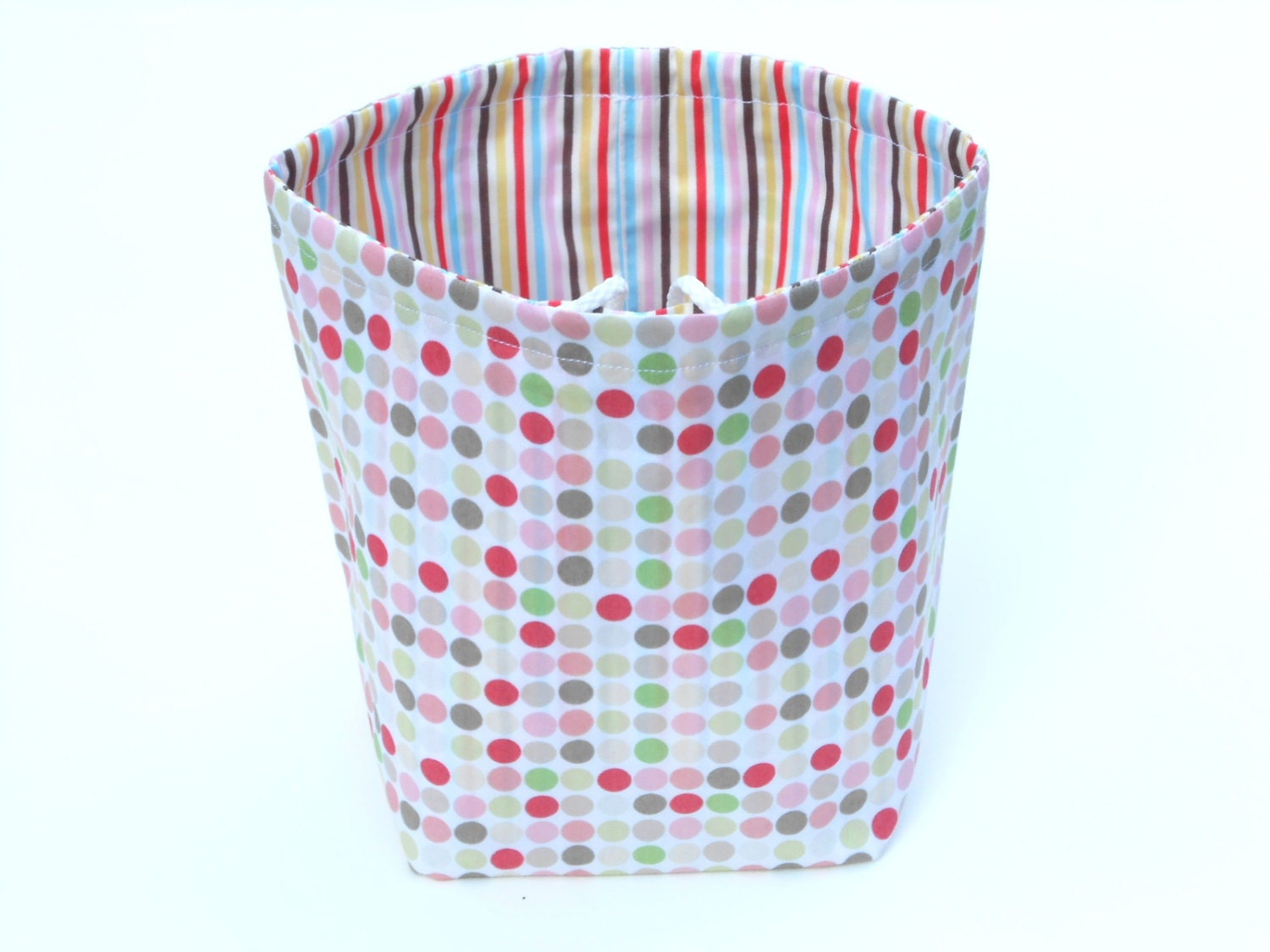 Reversible Drawstring Knitting bag or small project bag Kip bag multicolour spots and stripes