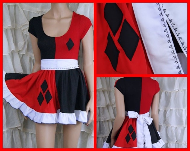 Harley Quinn Black Red Diamonds Apron Ruffle Dress Small - MTCoffinz - Ready to Ship