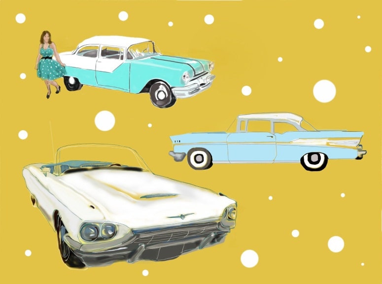 Exclusive Fabric Vintage Cars Retro Golden Yellow Polka Dots