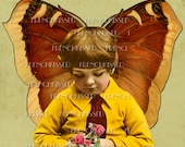 Instant Download Original DIGITAL collage  Child with Clover BEES Be Yourself  Retro Vintage Butterfly Wings