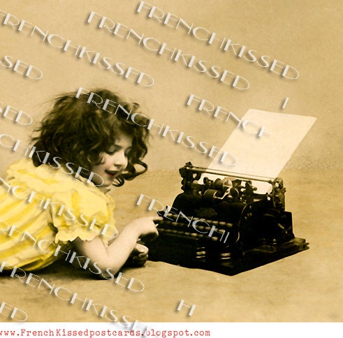 Instant Download  Victorian girl in yellow dress at TYPEWRITER Antique French postcard DIGITAL scan