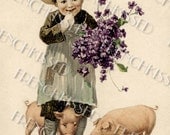5x7 Greeting Card Instant Download PIGS Piglets Child with Violets French postcard DIGITAL Scan