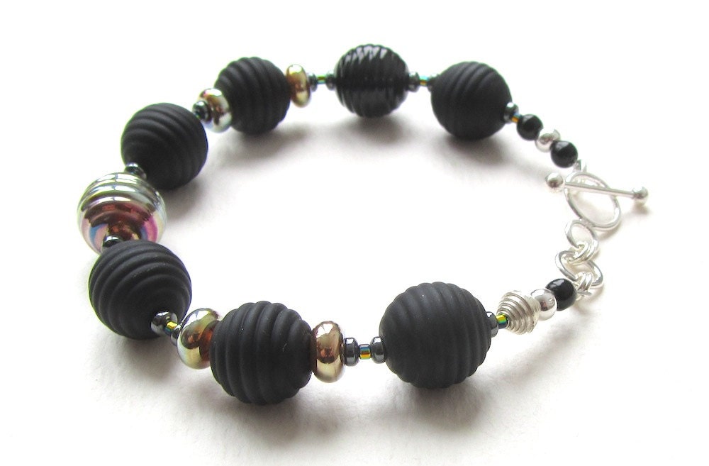 Black Lampwork Glass and Silver Bracelet - Ursula