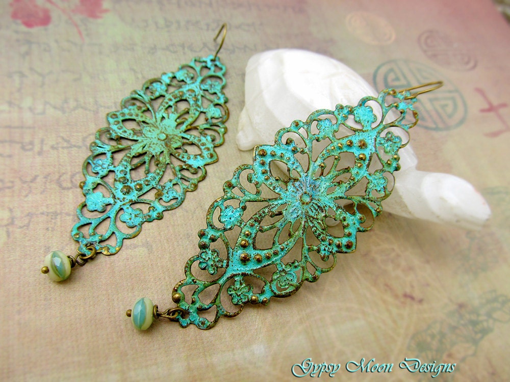 long Bohemian earrings mint patina dangle earrings big earrings Bohemian jewelry
