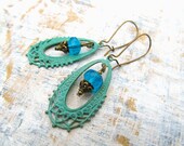 boho earrings dangle filigree Patina earrings Blue Bohemian jewelry