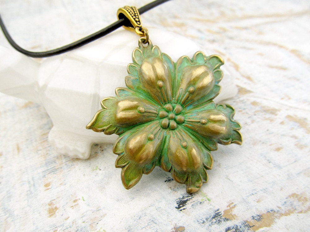 Sage green Flower necklace large pendant leather choker Patina jewelry Summer Fashion