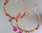 Fiery Jewels...Sapphire Tourmaline Encrusted Signature Original Gold Filled Hoop Earrings with Rubies