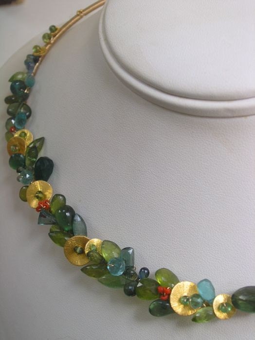 Essence...Sea Green Apatite Vesuvianite Peridot Tourmaline Tiny Vintage Coral Signature Original Gold Filled Collar Necklace