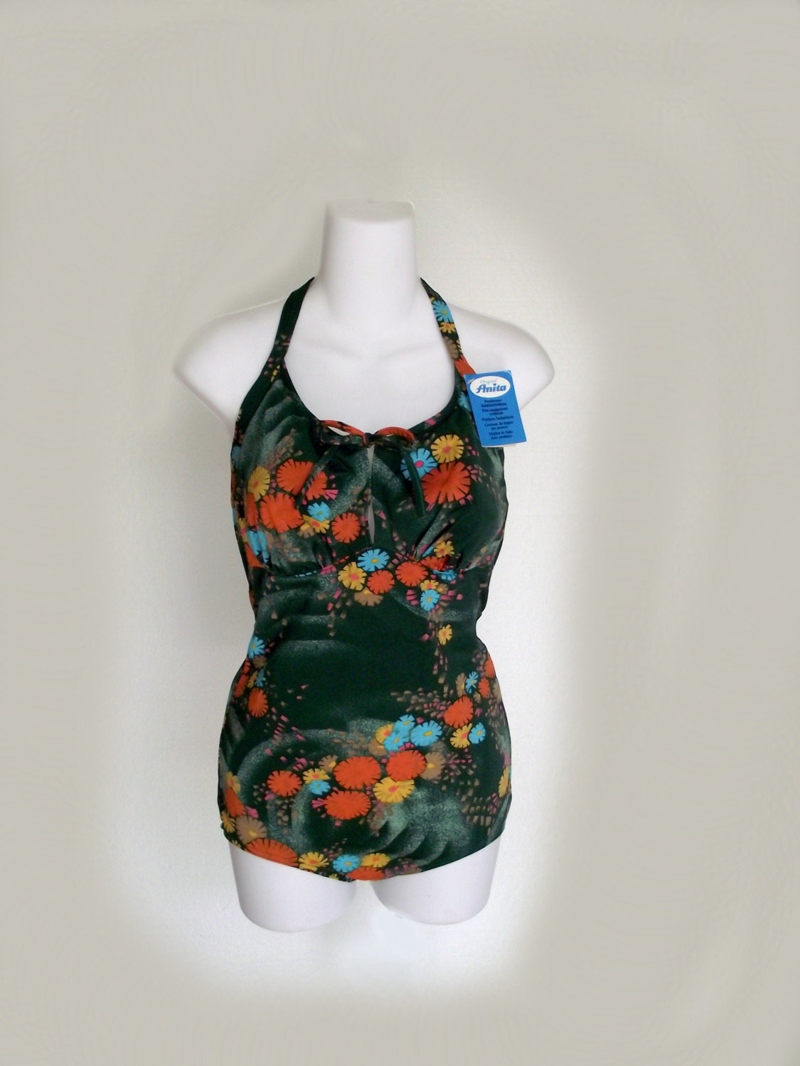 1970s Anita SwimSuit Bathing Suit Vintage Halter Strap Post Mastectomy Vintage Size 14 New Old Stock