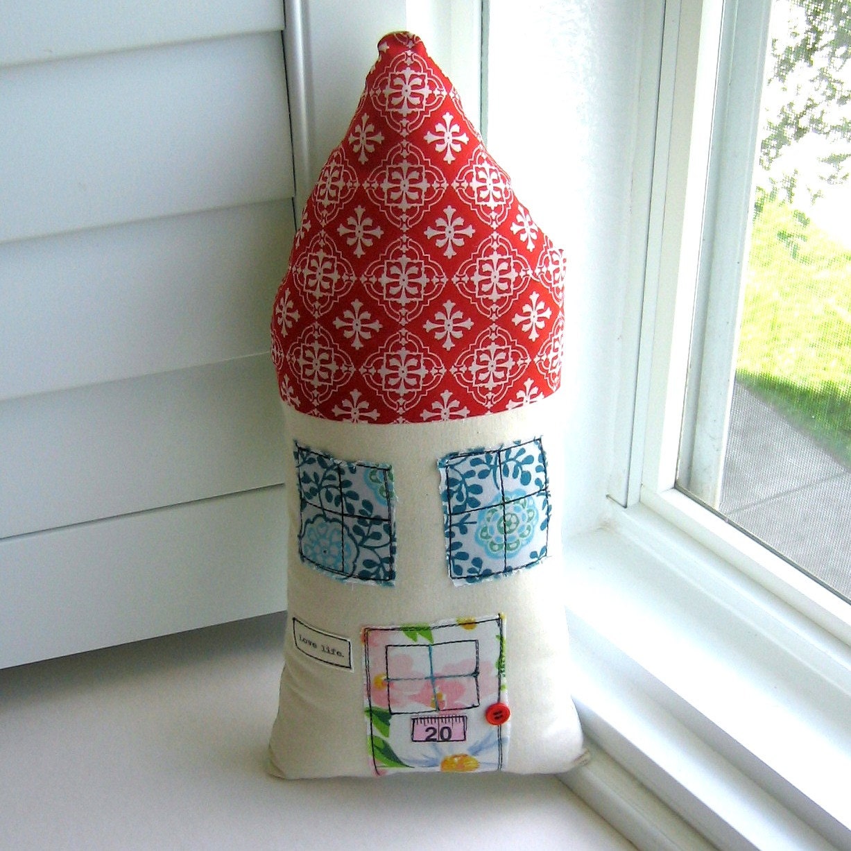 House Pillow, Home Pillow, Flower Pillow,  House Shaped Pillow, Appliqued Pillow, Art Pillow, Quote Pillow, Cottage Pillow - No. 146