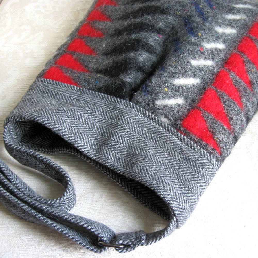 Sweater Wool and Herringbone BELLA Purse, Black, Gray and Red Upcycled Wool Handbag