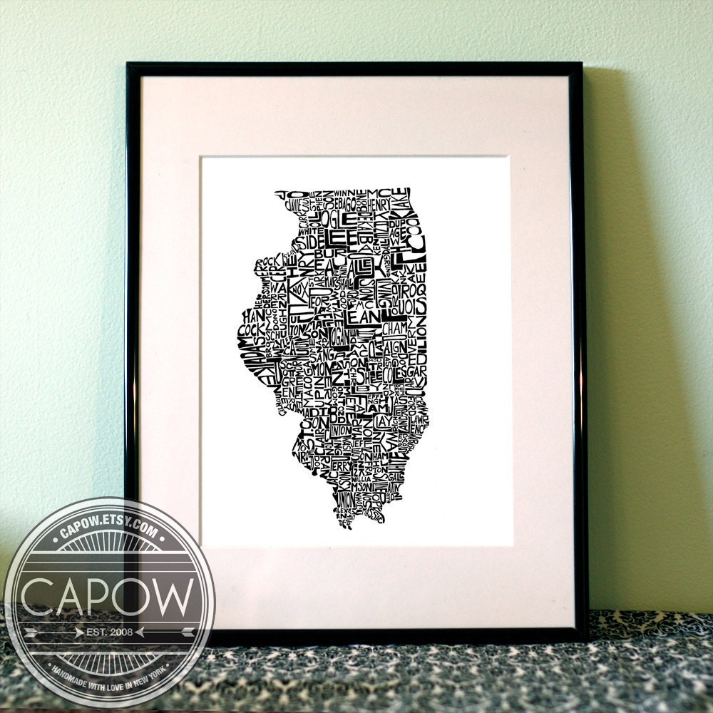 Illinois - typography map art print 8x10 - customizable state poster custom wedding engagement graduation gift anniversary wall art decor