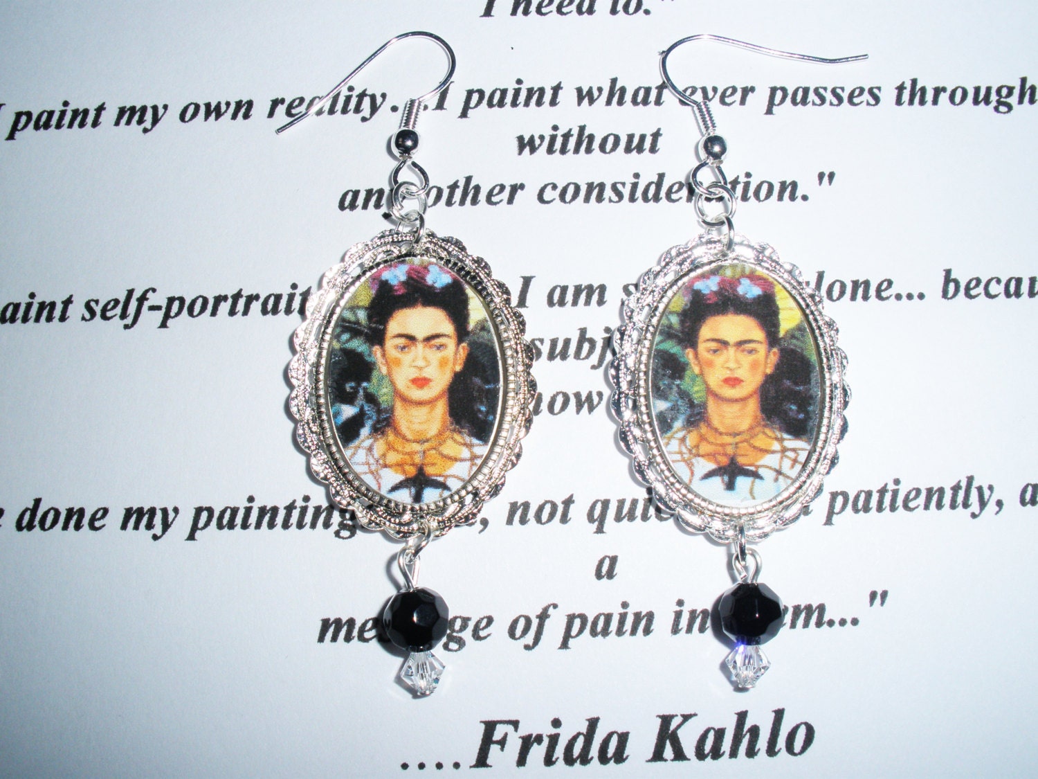 Frida Kahlo artist earrings altered art jewelry wearable art