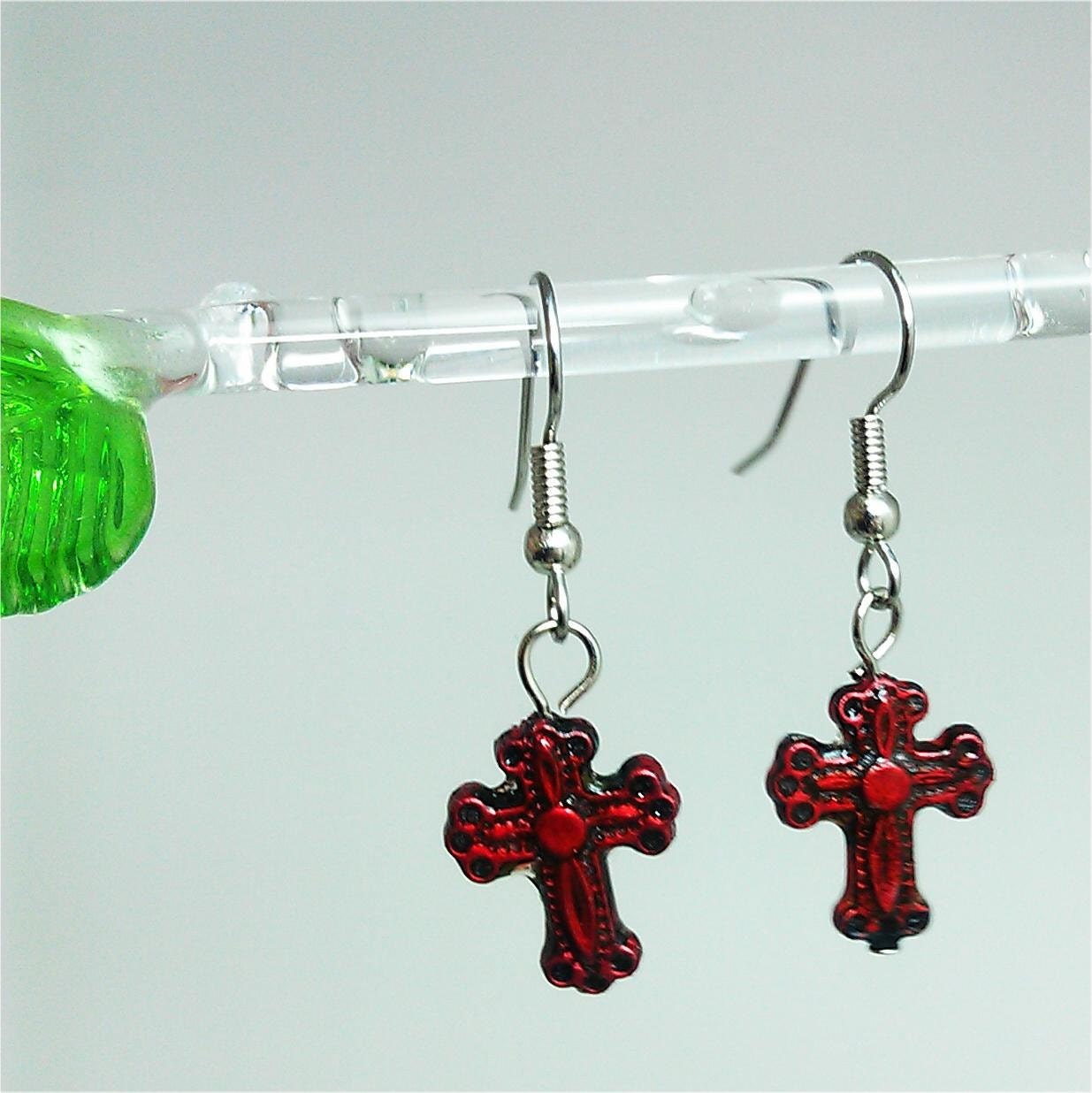 Youth Cross Earrings 3/4" inch Red and Black Antique Finish Kids Jewelry Stainless Steel Hypoallergenic Ear Wire Christian Dangle 724
