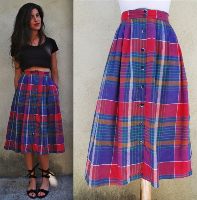 Vintage 70s 80s Apple Orchard Plaid High Waisted Skirt (size xs, small)