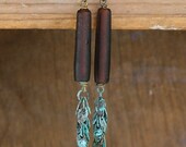 Verdigris brass leaf chain glass tubes plum purple green dangly earrings seven jewelry