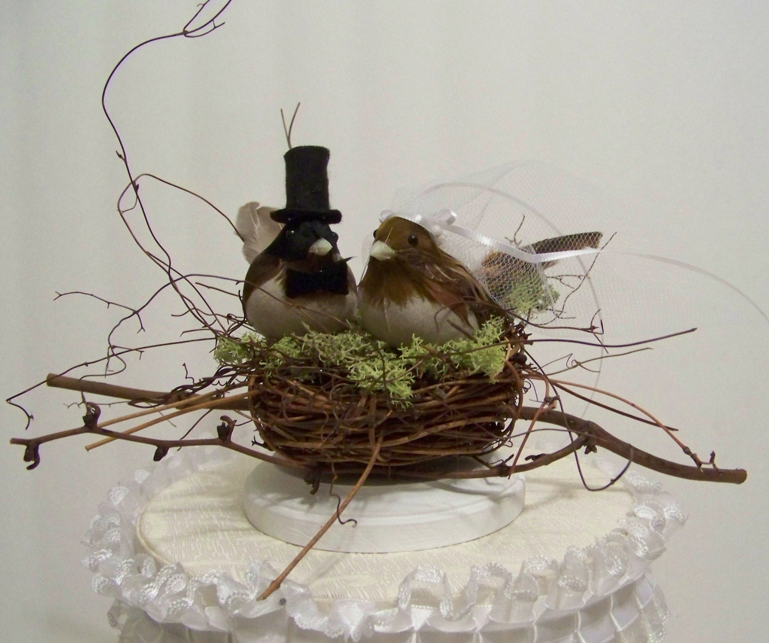 Wedding Cake Topper-Black Cap Chickadees and Twig Nest- bird cake topper