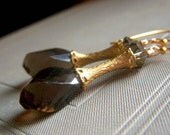 Smoky Quartz Earrings on Gold . Wirewrapped Step Cut Genuine Gemstone Dangle . Cherish