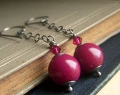 Mod Raspberry Earrings on Oxidized Sterling Silver . Vintage Red Burgundy Lucite Chain . Retro