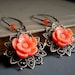 Coral Floral Earrings on Brass Patina . Carved Resin Flower Dangle Boho Shabby Chic . Filigree Blush