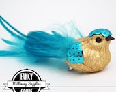 Turquoise / Gold - Fake Bird -  Artificial Bird - Blue - Sequins -  Feathers - Millinery - Bridal