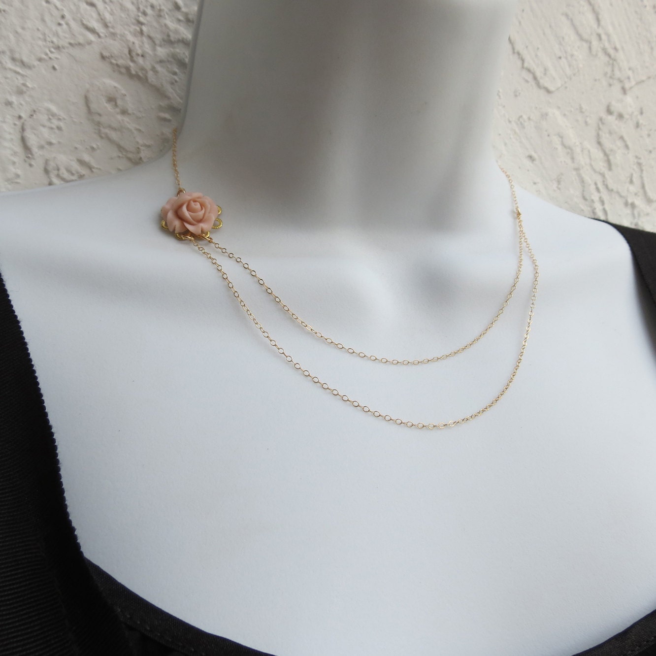 Flower Assymetrical Necklace, Dainty Double Chain Necklace, Bridal Necklace, Bridesmaids Party Wedding Gift, Vintage Style Multi Chain