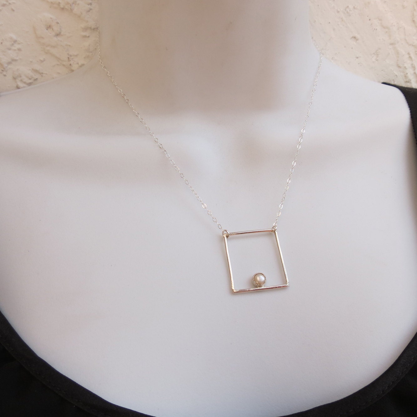 Square Necklace, Sterling Silver Geometric Necklace, Handmade Square Pendant & Pearl, Everyday Jewelry, Mom Gift,