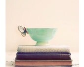 Still Life Photograph, Tea and Books, 8x8 Print, Shabby Chic Photo, Vintage Teacups Photo, Soft Pink, Butterfly Cup Photo